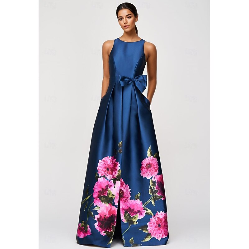 A-Line Evening Gown Elegant Dress Formal Wedding Floor Length Sleeveless High Neck Pocket Satin with Floral Print
