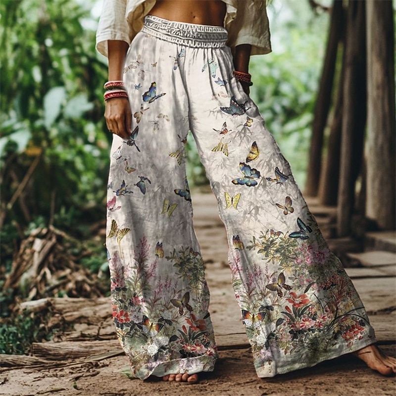 Women's Pants Trousers Palazzo Pants Fashion Streetwear Comfort Full Length High Waist Butterfly Elastic Waist Comfy Outdoor Comfortable Street Daily Wear Going out Beige Summer Regular Fit