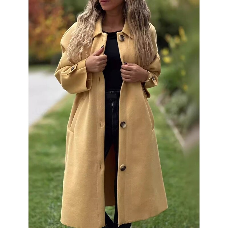Women's Trench Coat Comfortable Breathable Pocket Classic Casual Plain Vacation Street Casual Daily Wear Single Breasted Long Turndown Regular Fit Long Sleeve Outerwear Black Yellow Pink Spring Fall2