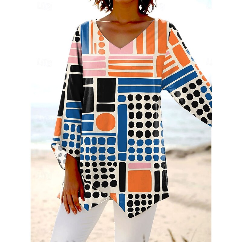 Women's Blouse Long Sleeve Asymmetrical Hem Graphic Geometric Hawaiian Stylish Casual V Neck Regular Tops Daily Holiday Going out Print Pink Blue Orange Gray Summer Spring Fall
