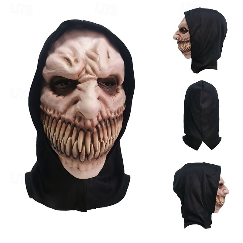 Halloween Black Hat Fang Witch Mask For Adults Realistic Scary Costumes Latex Face Mask, Creepy Vampire Warlock Horror Mask, Spooky Party Prop