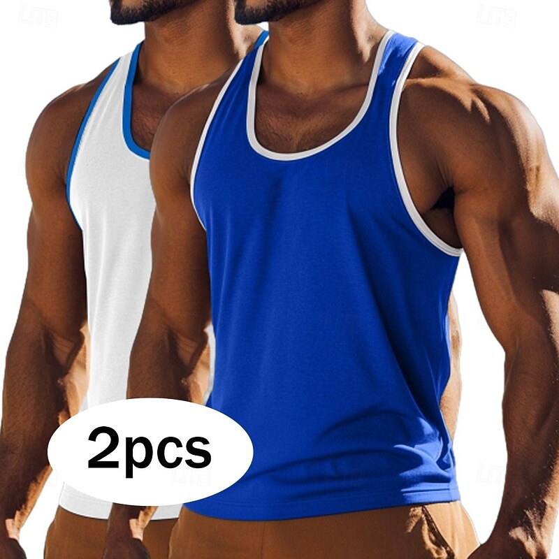 2PCS Men's Tank Top Vest Undershirt Sleeveless Shirt Sleeveless Crew Neck U Neck Summer Solid Color Plain Fashion Sporty Classic Color Block Basic Street Casual Sports Blue+Light Blue Royal Blue+Black