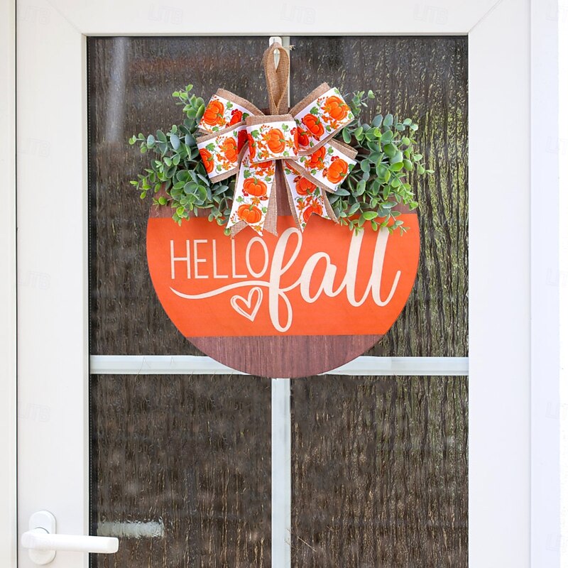 Fall Wooden Sign for Thanksgiving Autumn Harvest, Pumpkin Bow Door Hanging, Rustic Porch and Window Decor