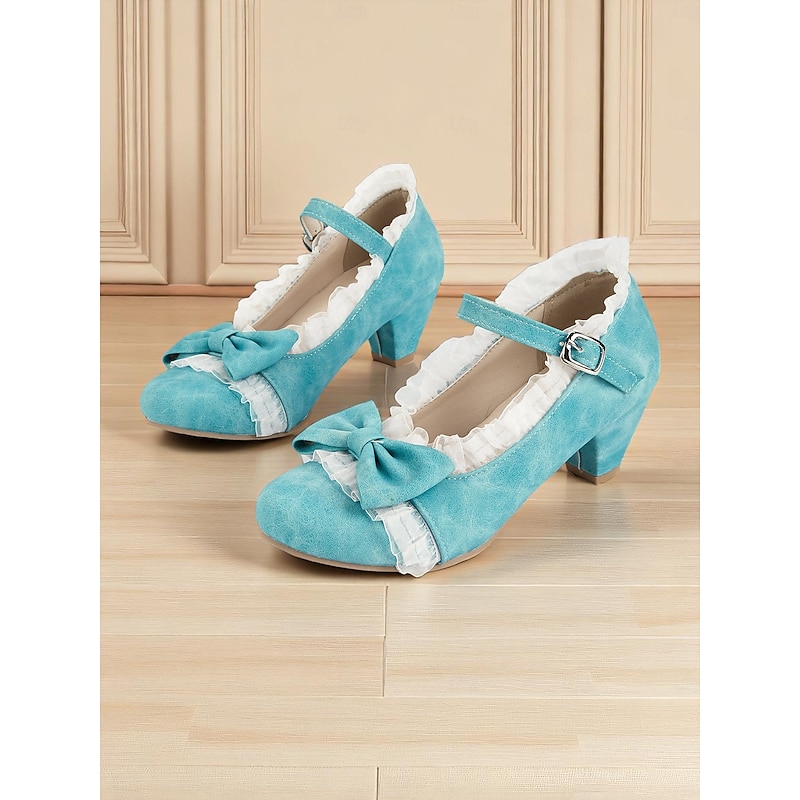 Women's 1950s Vintage Mary Jane Heels - Blue Suede Lolita Dress Shoes with Bows and Lace Trim for Tea Parties, Cosplay, or Retro Fashion2