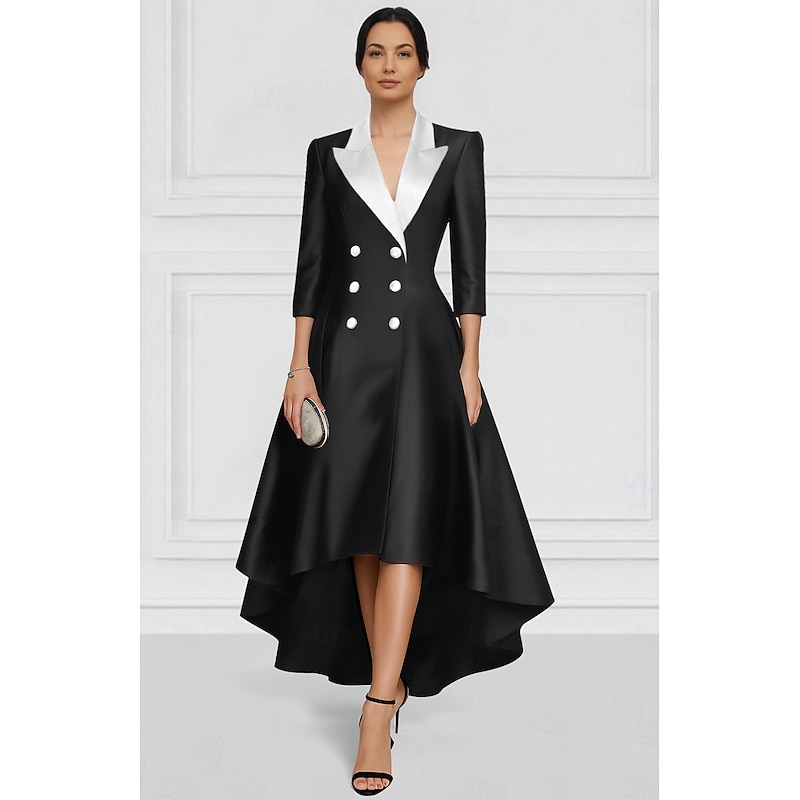 Tuxedo Dress A-Line Formal Satin Elegant Long Sleeve Asymmetrical Ankle Length Lapel Double Breasted