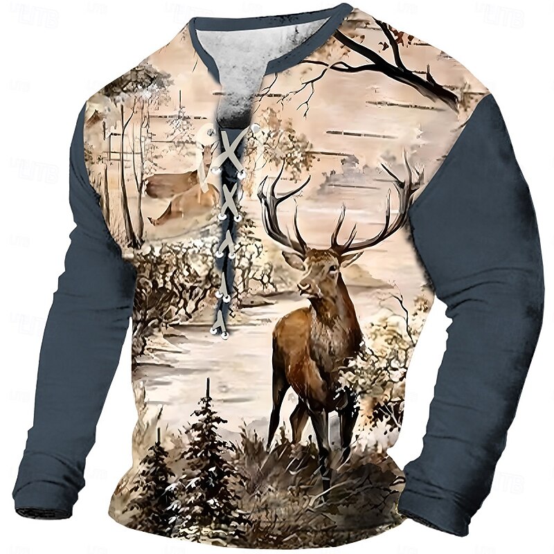 Men's Cowboy Deer T shirt Tee Long Sleeve T shirt 3D Print Lace Up Neck Shirt Casual Vintage Retro Sports Outdoor Casual Daily Black Navy Blue Brown Spring & Summer Clothing Apparel S M L XL XXL XXXL3