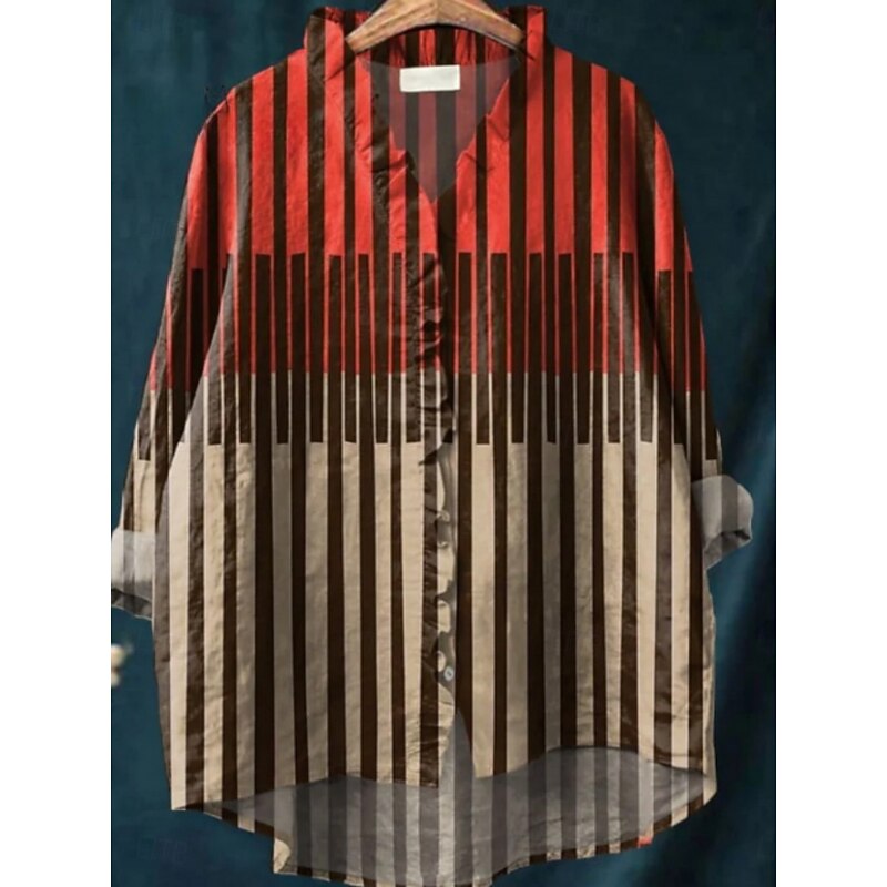 Women's Shirt Button Down Blouse Striped Stylish Casual Long Sleeve V Neck Regular Tops Daily Buttons Print Red Blue Fuchsia Khaki Summer Spring4