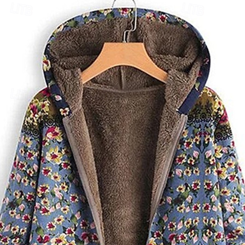 Women's Fleece Jacket Coat Hoodie Jacket Warm Comfortable Zipper Pocket Fashion Modern Casual Floral Going out Weekend Zipper Regular Hooded Regular Fit Long Sleeve Outerwear Blue Green Winter2