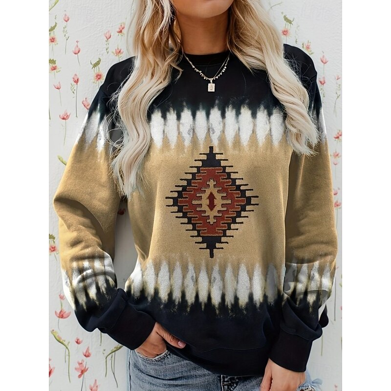 Women's Pullover Sweatshirt Graphic Geometric Warm Vintage Fashion Long Sleeve Crew Neck Regular Tops Street Dailywear Casual Print Blue Khaki Spring Fall Winter