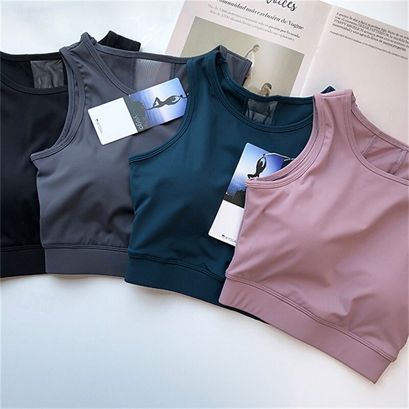 Women's Yoga Bra Pilates Bra Sports Vest Bra Top Breathable Sweat-absorbent Wireless With pads Solid / Plain Color Sport Activewear Black Yellow Gym Zumba Running4
