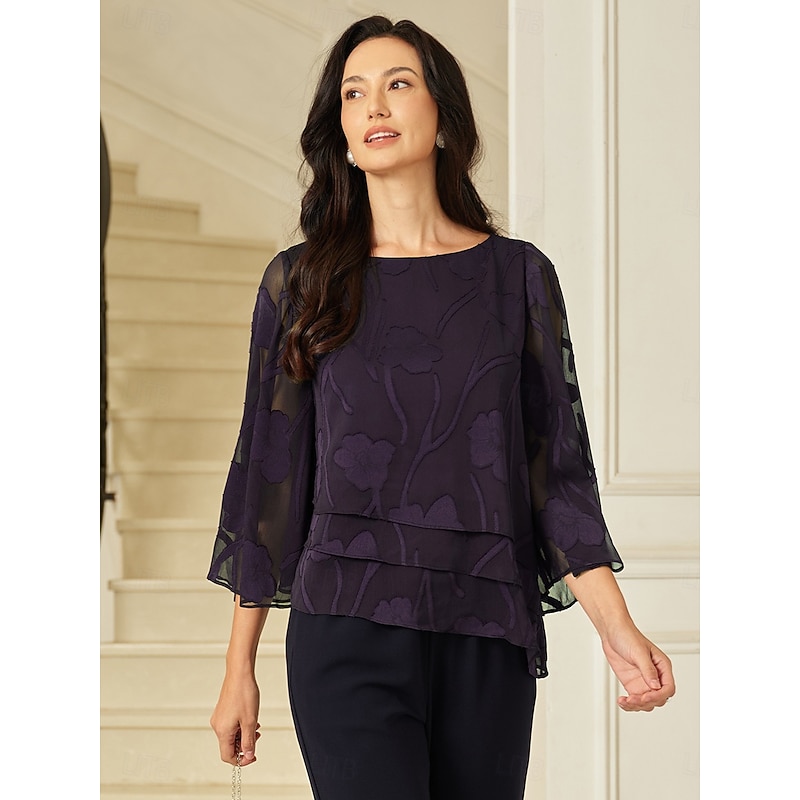 Women's Lace Shirt Blouse Dressy Tops Chiffon Tops Solid Color Floral Elegant Stylish Half Sleeve Flutter Sleeve Boat Neck Regular Tops Wedding Guest Work Daily Asymmetric Hem Eggplant Summer Spring