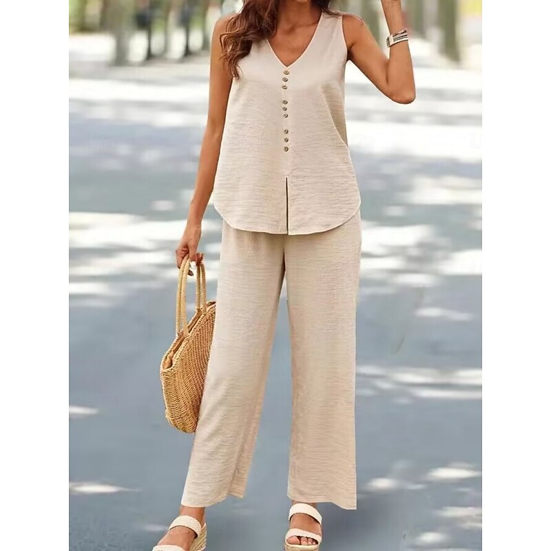 Women's Fashion Streetwear Daily Pants Sets Sleeveless V Neck Plain Casual Daily Black Navy Blue Green Summer Loose Fit