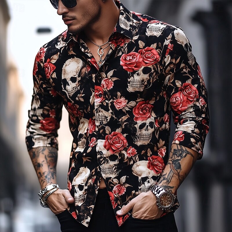 Men's Skull Day of the Dead Rose Shirt Button Up Shirt Casual Dress Shirt Long Sleeve Dark Gothic Style Vacation Daily Streetwear Summer Spring Turndown 3D Print Collared Shirts Black 1 Black