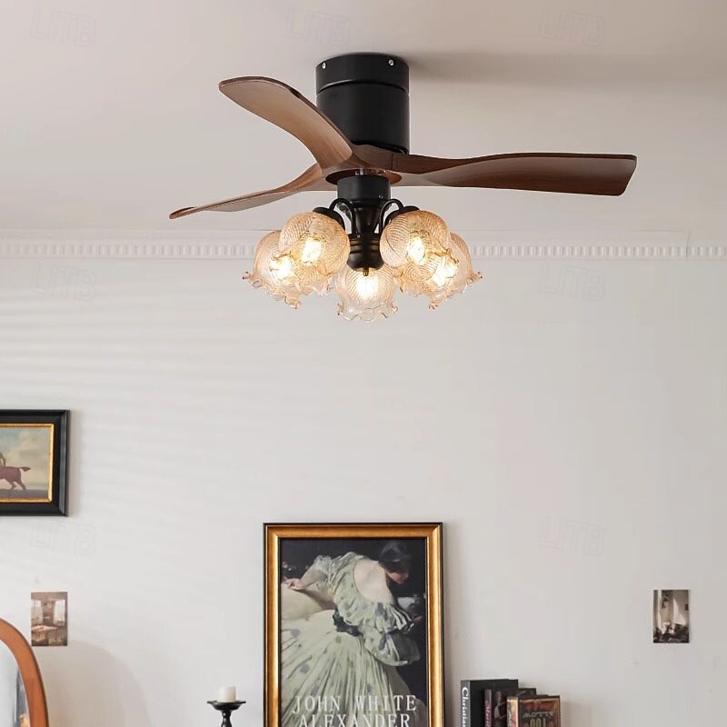 Mid-Century Retro Walnut Ceiling Fan Light, Quiet & Smart for Bedroom/Dining/Study