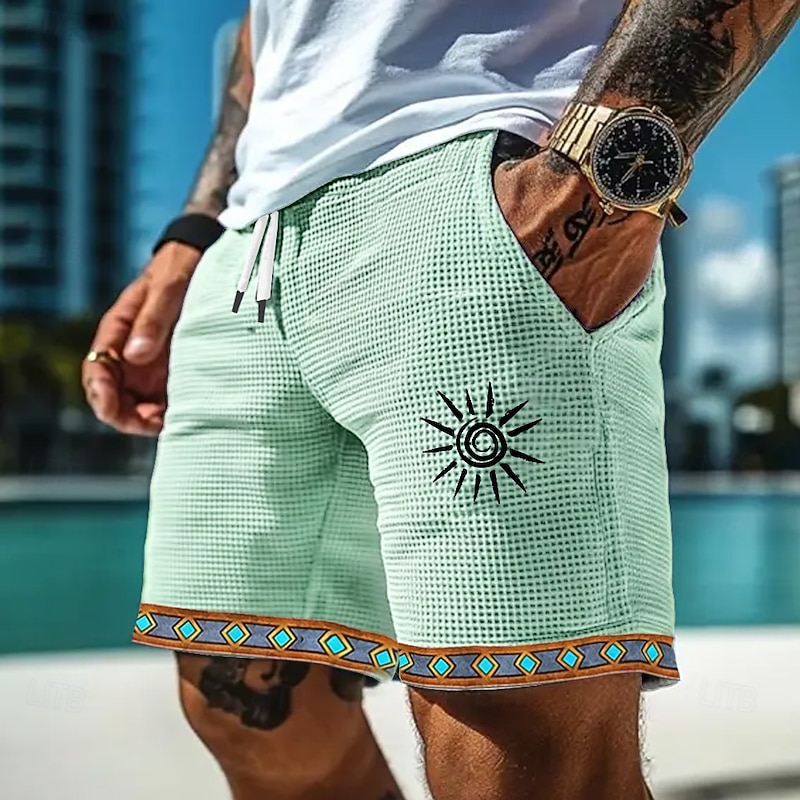 Men's Sun Ethnic Indian Culture Waffle Shorts Sweat Shorts Casual Shorts Mid Waist Retro Vintage Vacation Jogging Workout Elastic Drawstring Waist Shorts with Pockets Designer Clothing Apparel