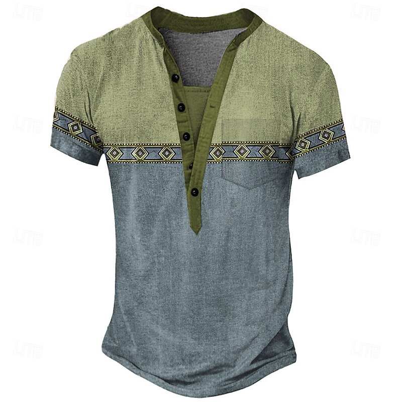 Men's Geometric Tribal Ethnic T Shirt Henley Shirt Tee Short Sleeve Vintage Designer Basic Outdoor Casual Daily Summer Spring Light Green Light Blue Purple Henley Henley T-Shirt