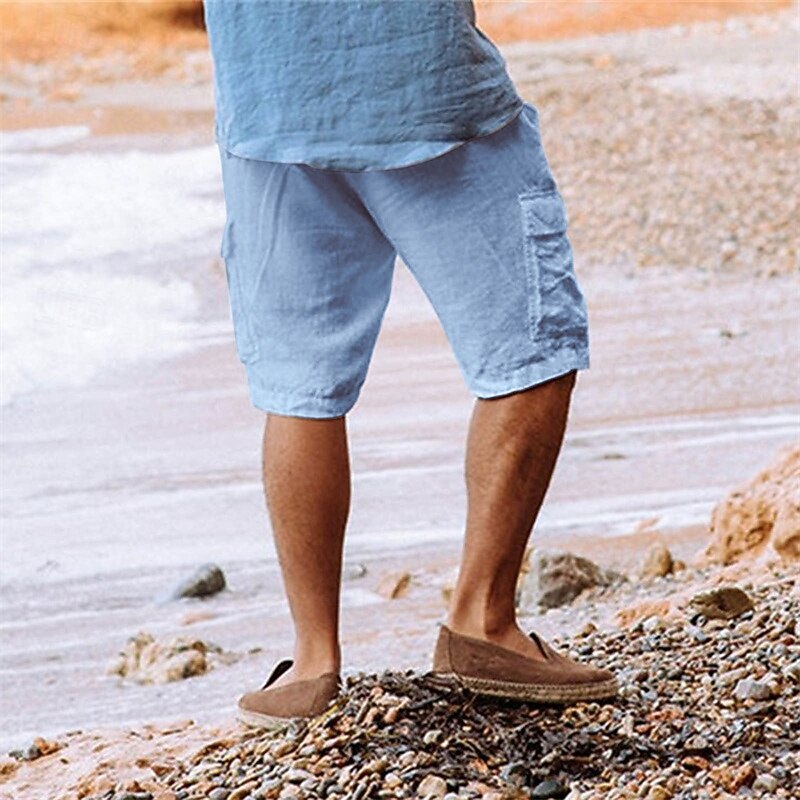 Men's Shorts Linen Shorts Summer Shorts Beach Shorts Pocket Drawstring Elastic Waist Plain Comfort Breathable Short Vacation Holiday Beach Hawaiian Boho Black Light Blue2