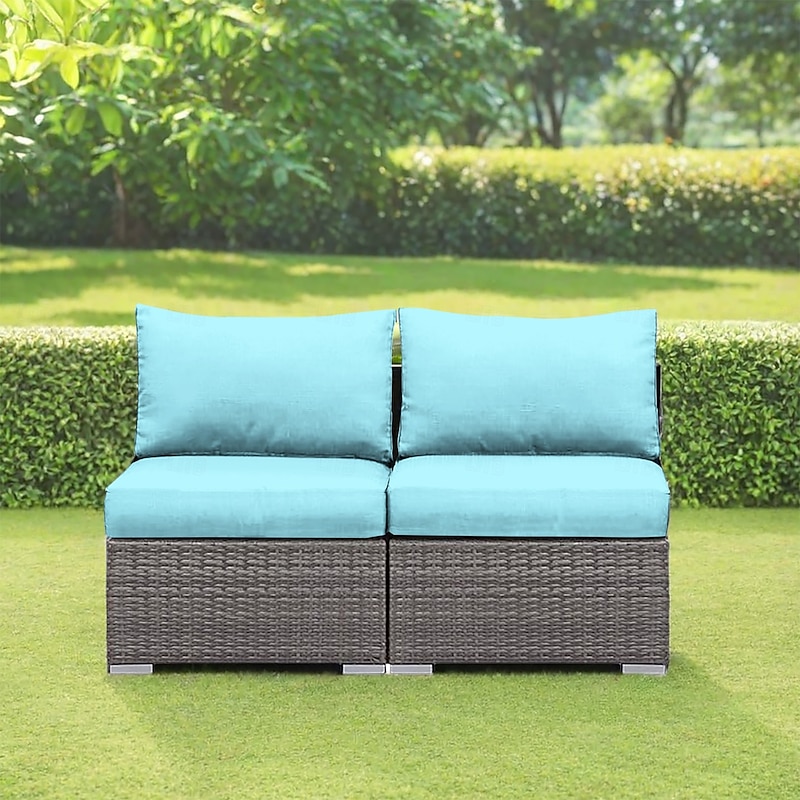 2-Piece Patio Armless Sofa Cover Set, Outdoor Sectional Sofa, All-Weather Grey PE Wicker Rattan Conversation Sofa, Outdoor Loveseat, Patio Seating for Balcony Garden Pool3