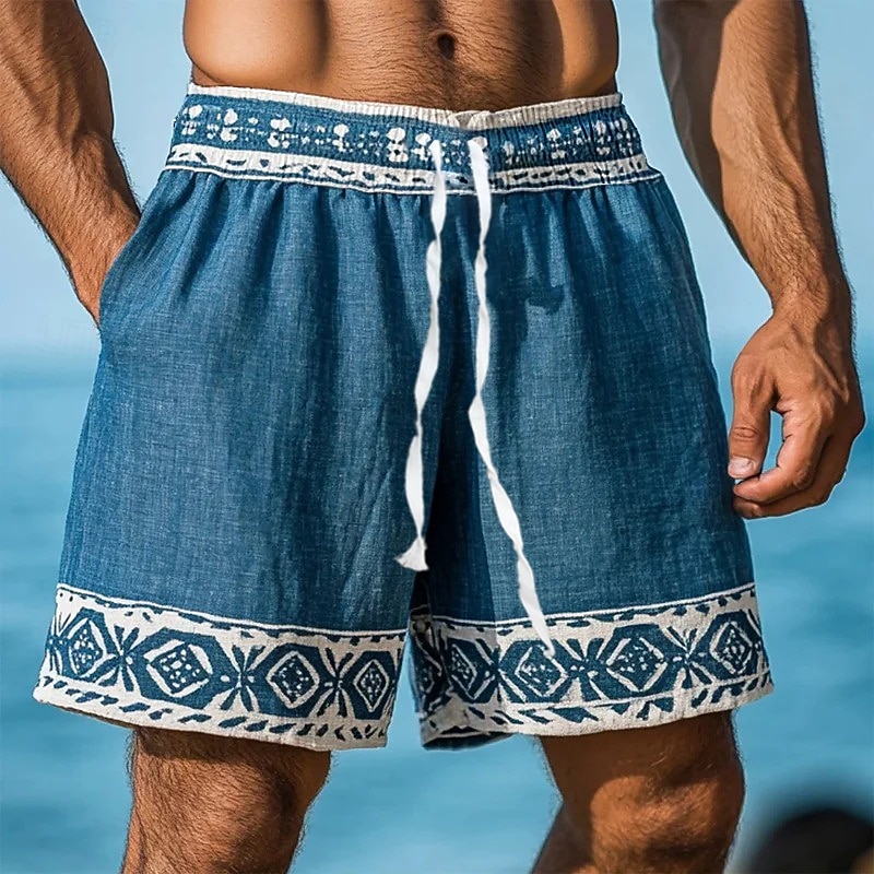 Men's Shorts Linen Shorts Summer Shorts Beach Shorts Drawstring Elastic Waist Geometric Plain Comfort Breathable Knee Length Outdoor Daily Beach Vacation Fashion Blue