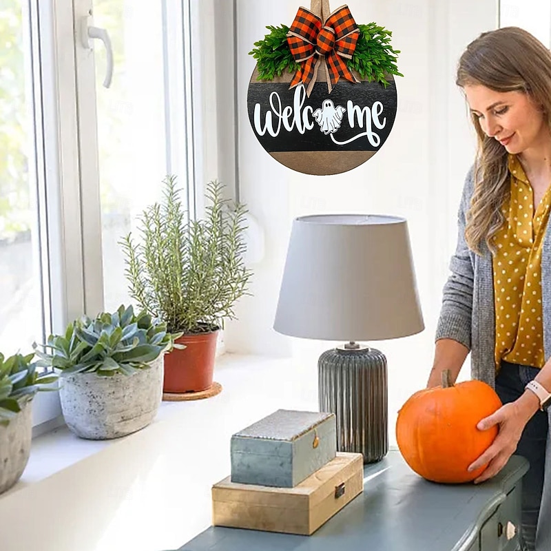 Halloween Wooden Welcome Sign for Front Door Hanging Spooky Ghost, White Ghost Wall Decor Plaque, Rustic Wooden Halloween Door Sign for Home Party Decoration3