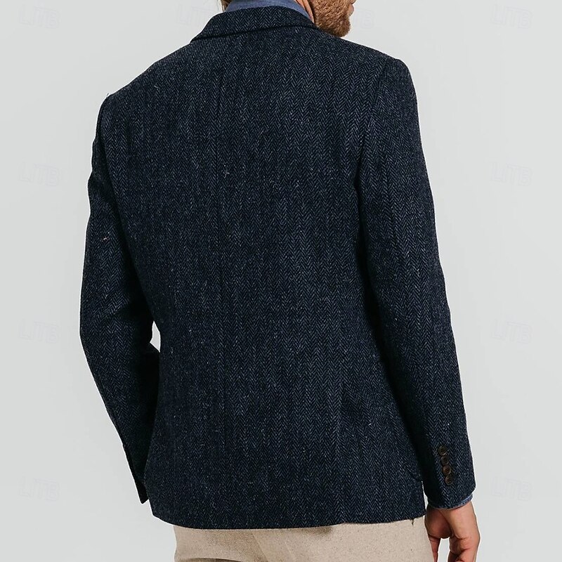 Men's Tweed Blazer Herringbone Blazer Jacket Dark Blue Wool Retro Vintage Classic Standard Fit Single Breasted Two-buttons3