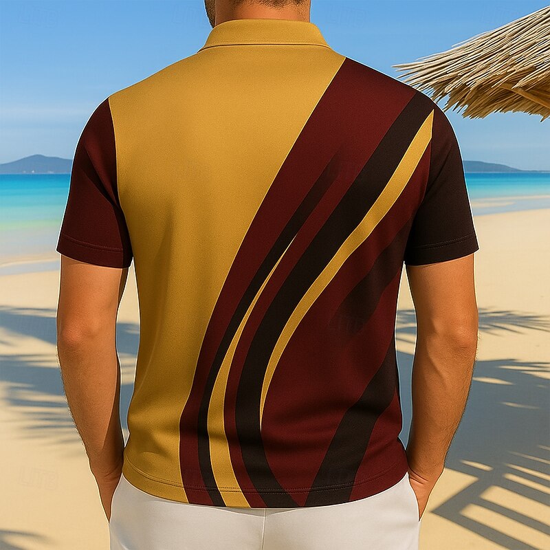 Men's Polo Vacation Casual Daily Lapel Short Sleeve Hawaiian Leisure Geometic Line Zipper Summer Blue Gold Polo3