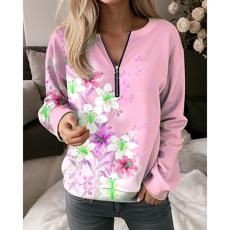 Women's Quarter Zipper Sweater Floral Graphic Casual Long Sleeve Crew Neck Regular Tops Street Dailywear Half Print Pink Blue Purple Green Fall Winter4