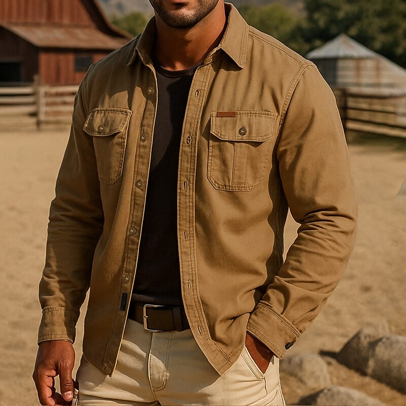 Men's Solid Color Work Shirt Western Shirt Cargo Shirt Long Sleeve Casual Tactical Sports Outdoor WorkWear Spring Fall Turndown Front Two Pockets Button Up Shirts Army Green Khaki