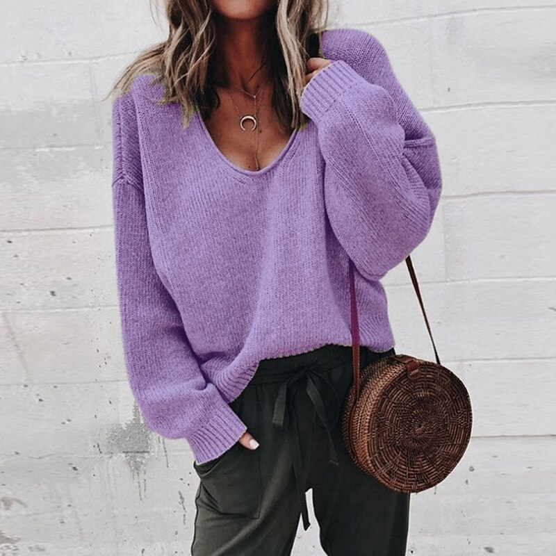 Women's Sweater Pullover Casual Solid Color Ribbed V Neck Knitted Long Sleeve Regular Tops Knit Daily Holiday Weekend Yellow Purple Fall4