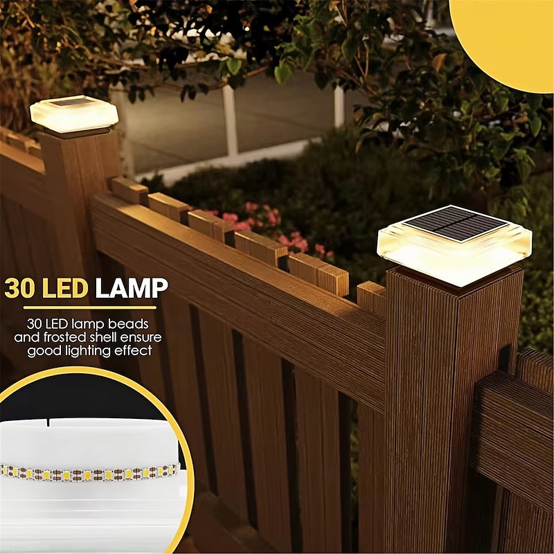 30led Solar Gate Post Lights Transparent Waterproof Lampshade Warm Light Outdoor Square Suitable for Garden Patio Fence Stairs  1PC3