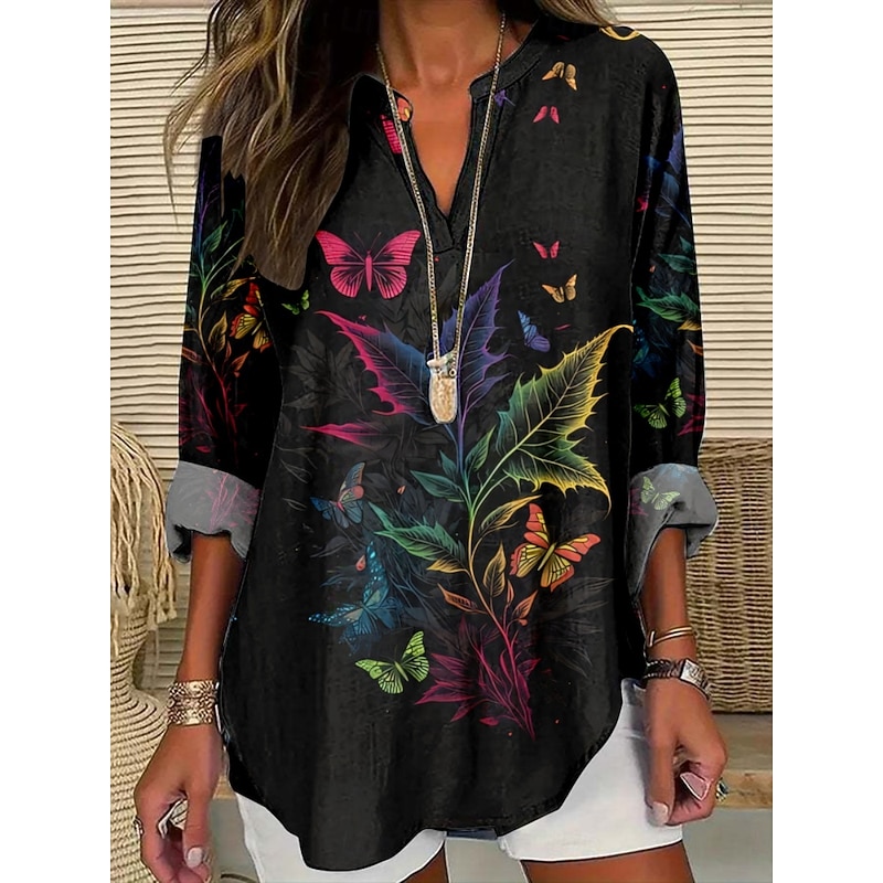 Women's Blouse Floral Butterfly Stylish Modern Long Sleeve V Neck Regular Tops Daily Holiday Print Black Purple Summer