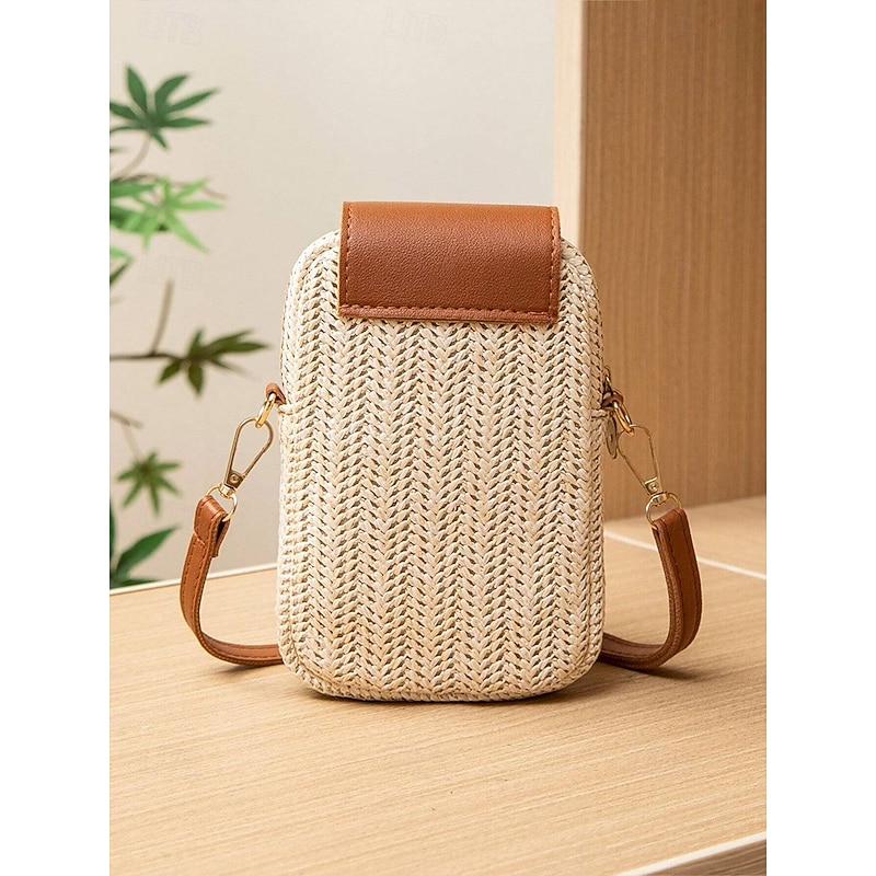 Women's Straw Crossbody Phone Bag with Cat Ears Pendant – Cute Woven Mini Purse, Casual Summer Style, Small Shoulder Bag for Teen Girls & Women, Ideal for Beach, Vacation & Daily Outings4