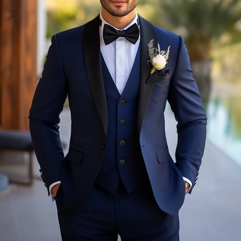 Men's Wedding Party Suits Navy Blue Business Formal Solid Colored Standard Fit 3 Piece Single Breasted One-button