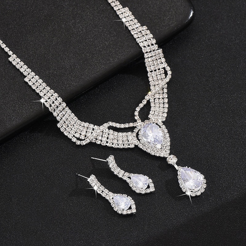 Bridal Jewelry Sets Two-piece Suit Zircon 1 Necklace Earrings Women's Cute Artistic Dangling Lovely Classic Drop Love Diamond Water Drop Jewelry Set For Wedding Work Gift2