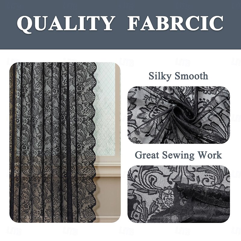 Black Lace Curtain Long for Living Room Bedroom Vintage Floral Extra Long Window Scarf Valance 1 Panel Rod Pocket4