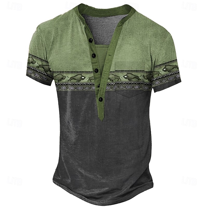 Men's Graphic Tribal Ethnic T Shirt Henley Shirt Tee Short Sleeve Vintage Designer Basic Outdoor Casual Daily Summer All Seasons Light Green Light Blue Khaki Henley Henley T-Shirt