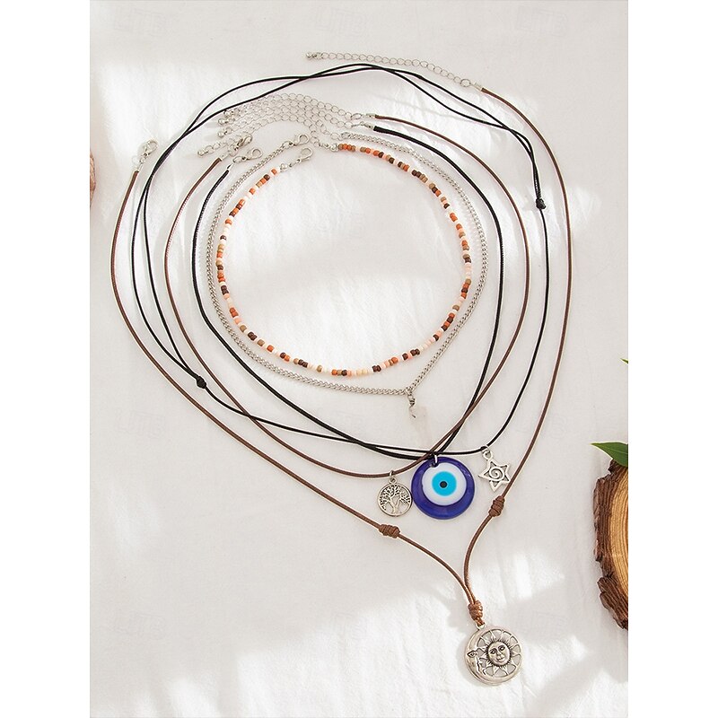 Women's Boho Layered Charm Necklace Set – Multilayer Evil Eye, Sun & Star Pendants with Beaded Choker, for Spiritual Fashion, Festivals and Everyday Wear3
