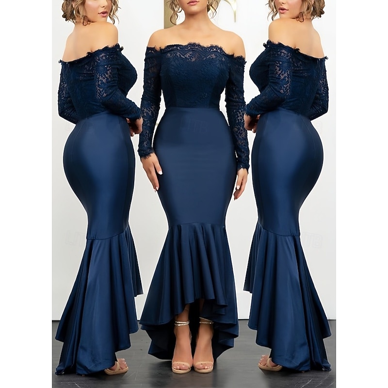 Mermaid / Trumpet Wedding Guest Dresses Elegant Dress Wedding Guest Engagement Asymmetrical Long Sleeve Off Shoulder Lace with Ruffles3