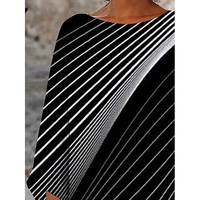 Women's Blouse Striped Daily Stylish Long Sleeve Crew Neck Regular Tops Daily Holiday Print Asymmetric Hem Black Summer Spring2