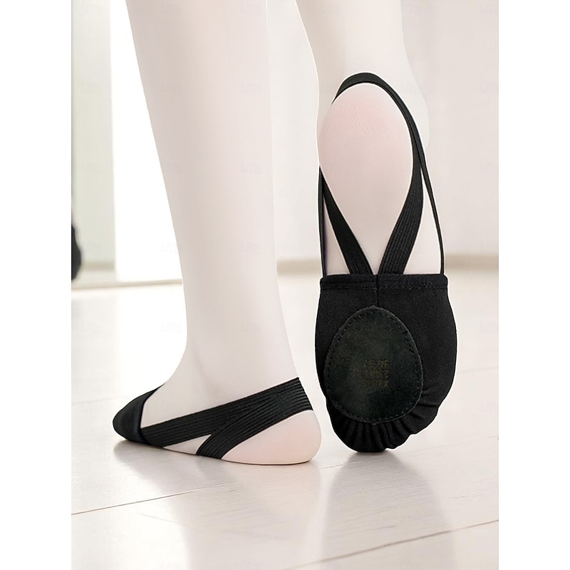 Women's Beige Canvas Ballet Shoes - Professional Dance Slippers with Elastic Straps for Ballet Training and Studio Performance