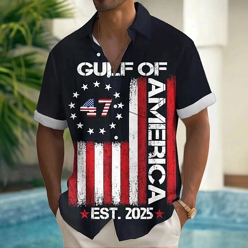 Independence Day Men's Patriotic 47 Gulf of America Flag Shirt Summer Shirt Button Up Shirt Short Sleeve Fashion Casual Holiday Summer Spring Turndown 3D Print Collared Shirts Front One Pocket Black