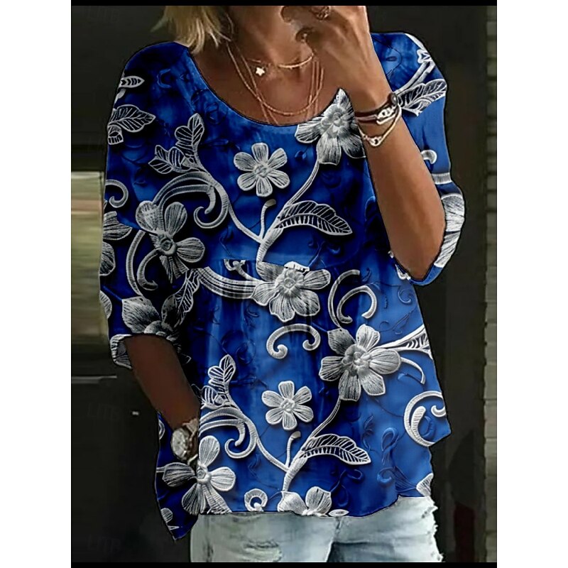 Women's Blouse Floral Stylish 3/4 Length Sleeve Crew Neck Regular Tops Daily Holiday Print Yellow Pink Royal Blue Blue Purple Summer4