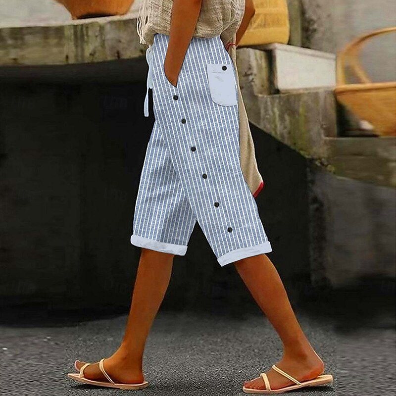 Women's Harem Pants Vacation Vintage Ethnic Style Knee Length Mid Waist Striped Stripe Inelastic Outdoor Home Work Blue Summer Spring Fall Loose Fit
