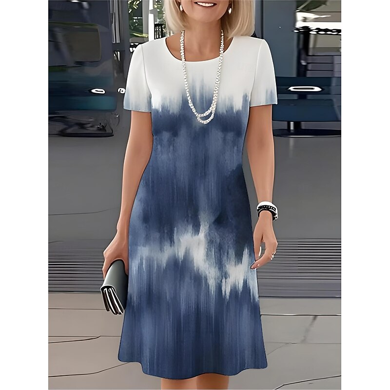 Women's Elegant Party Evening Midi Dress Crew Neck Short Sleeve Shift Dress A Line Dress Casual Boho Regular Fit Ombre Graphic White Blue Light Blue Summer Spring3