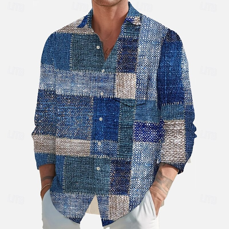Men's Geometric Color Block Patchwork Shirt Button Up Shirt Long Sleeve Fashion Casual Outdoor Daily Streetwear Spring Fall Turndown 3D Print Front One Pocket Linen Like Shirt Blue