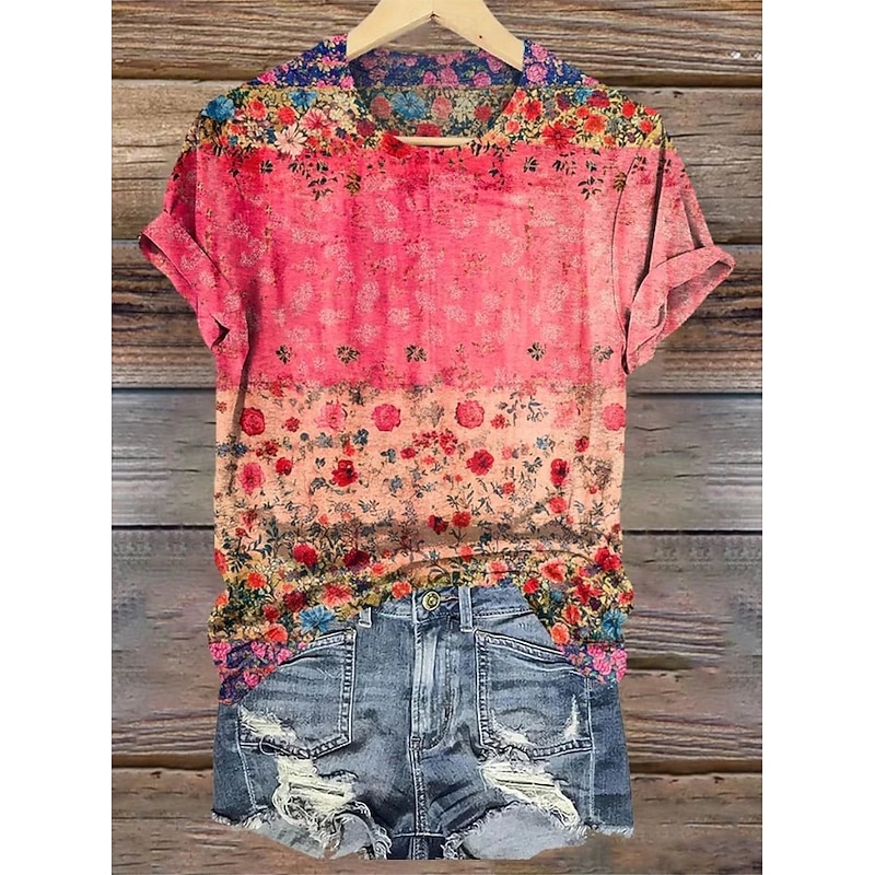 Women's T Shirt Floral Graphic Vintage Fashion Stylish Short Sleeve Round Neck Regular Tops Daily Going out Weekend Print Yellow Pink Blue Gray Summer3