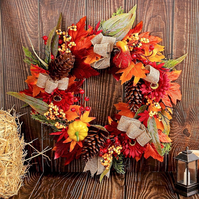 Fall Wreath for Front Door Thanksgiving Autumn Harvest Indoor Outdoor Decoration, Red Sunflower and Pinecone Wreath with Pumpkins and Maple Leaves Grapevine Wall Hanging