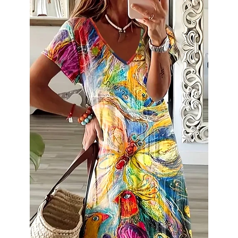 Women's Maxi Dress Casual Dress Sundress A Line Dress Elegant Vacation Casual Beach Regular Fit Floral Graphic Abstract Short Sleeve V Neck Colourful Blue Purple Summer Spring2