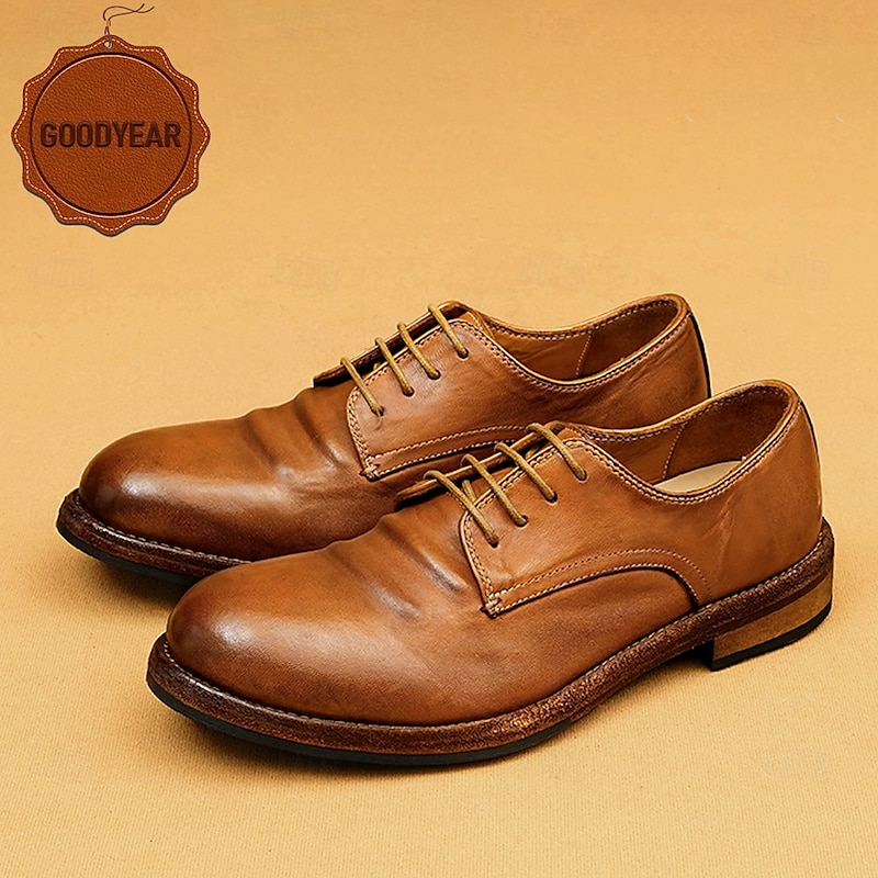 Men's Tan Leather Oxford Shoes with Goodyear Welt Construction - Classic Business Footwear for Office and Formal Occasions