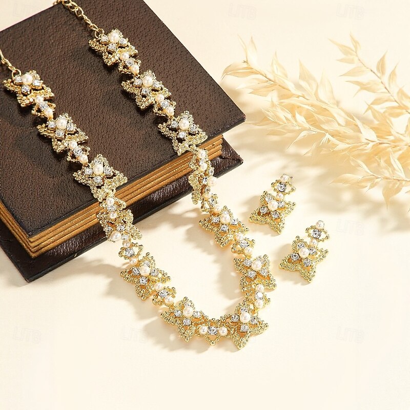 Jewelry Set Two-piece Suit Zircon Pearl Zircon 1 Necklace Earrings Women's Elegant Vintage Luxury Cute Beads Star Flower Shape irregular Jewelry Set For Wedding Party Party Evening Wear4